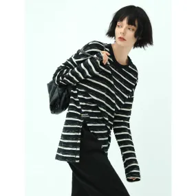 Loose Long Sleeve Striped Tee with Side Slit