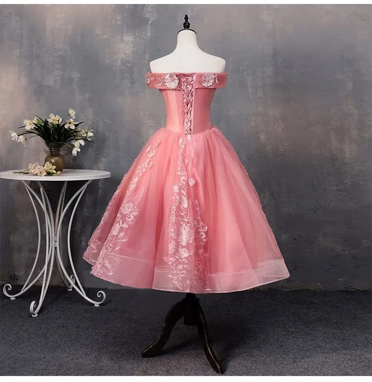 Lovely Pink Off Shoulder Party Dress, Lace Applique Prom Dress