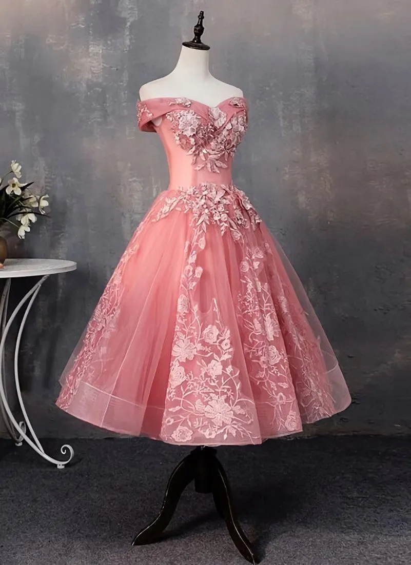 Lovely Pink Off Shoulder Party Dress, Lace Applique Prom Dress