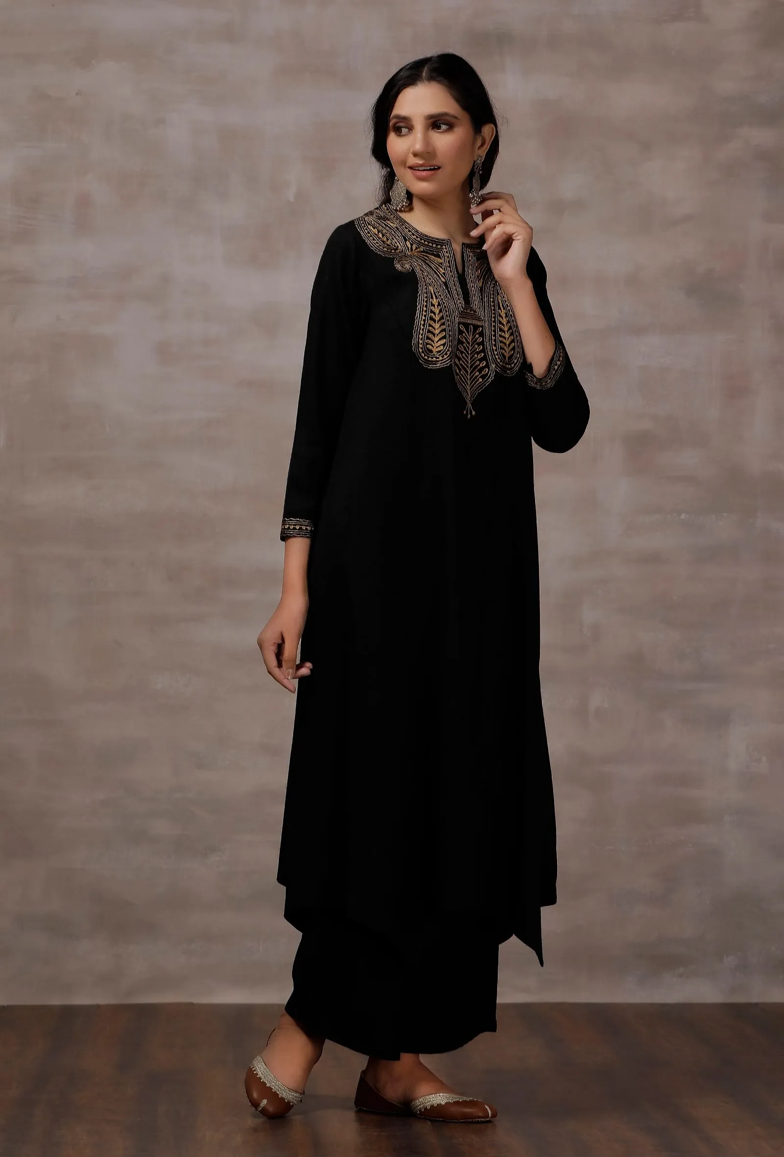 Mahira Black Woollen Asymmetrical Kurta