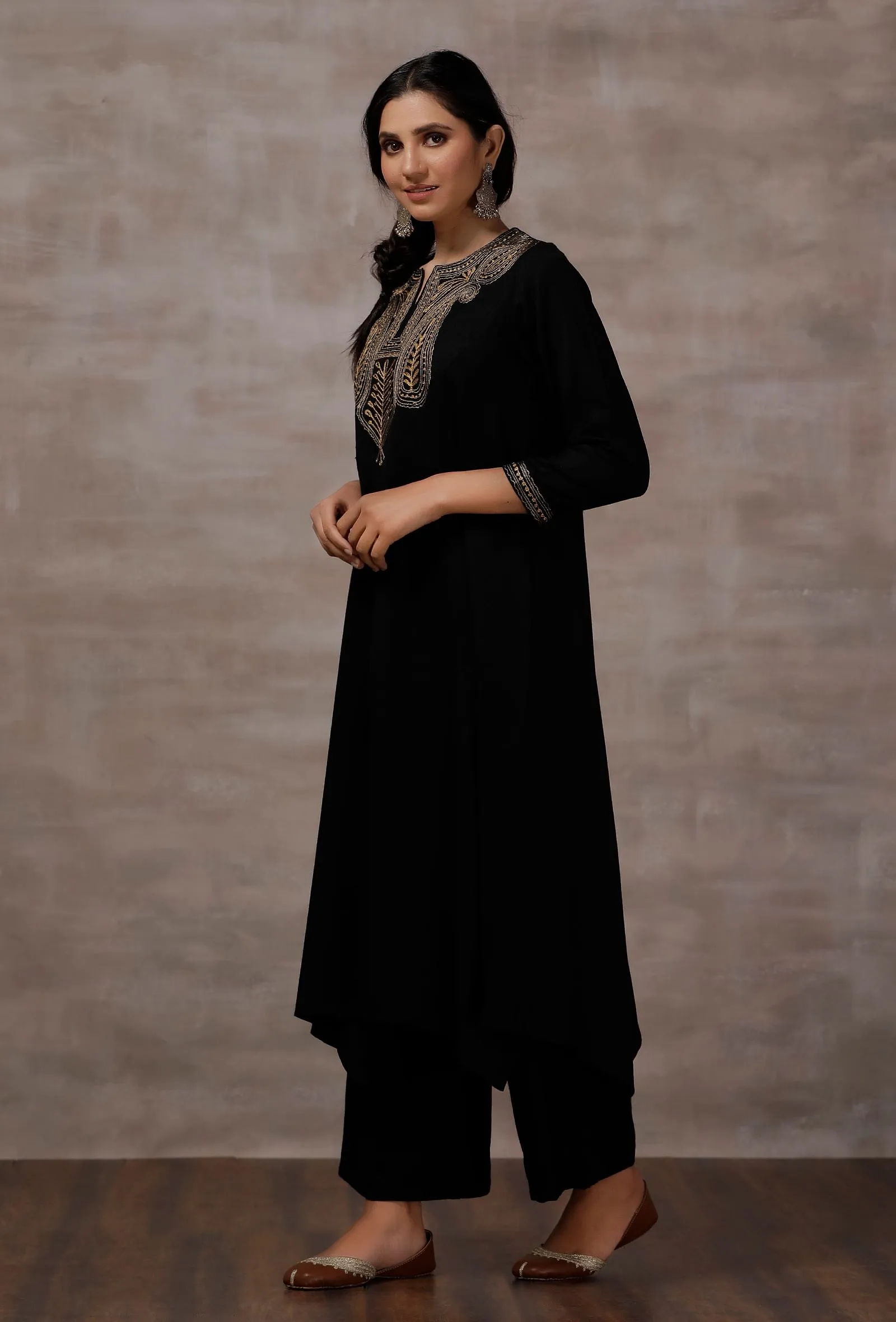 Mahira Black Woollen Asymmetrical Kurta