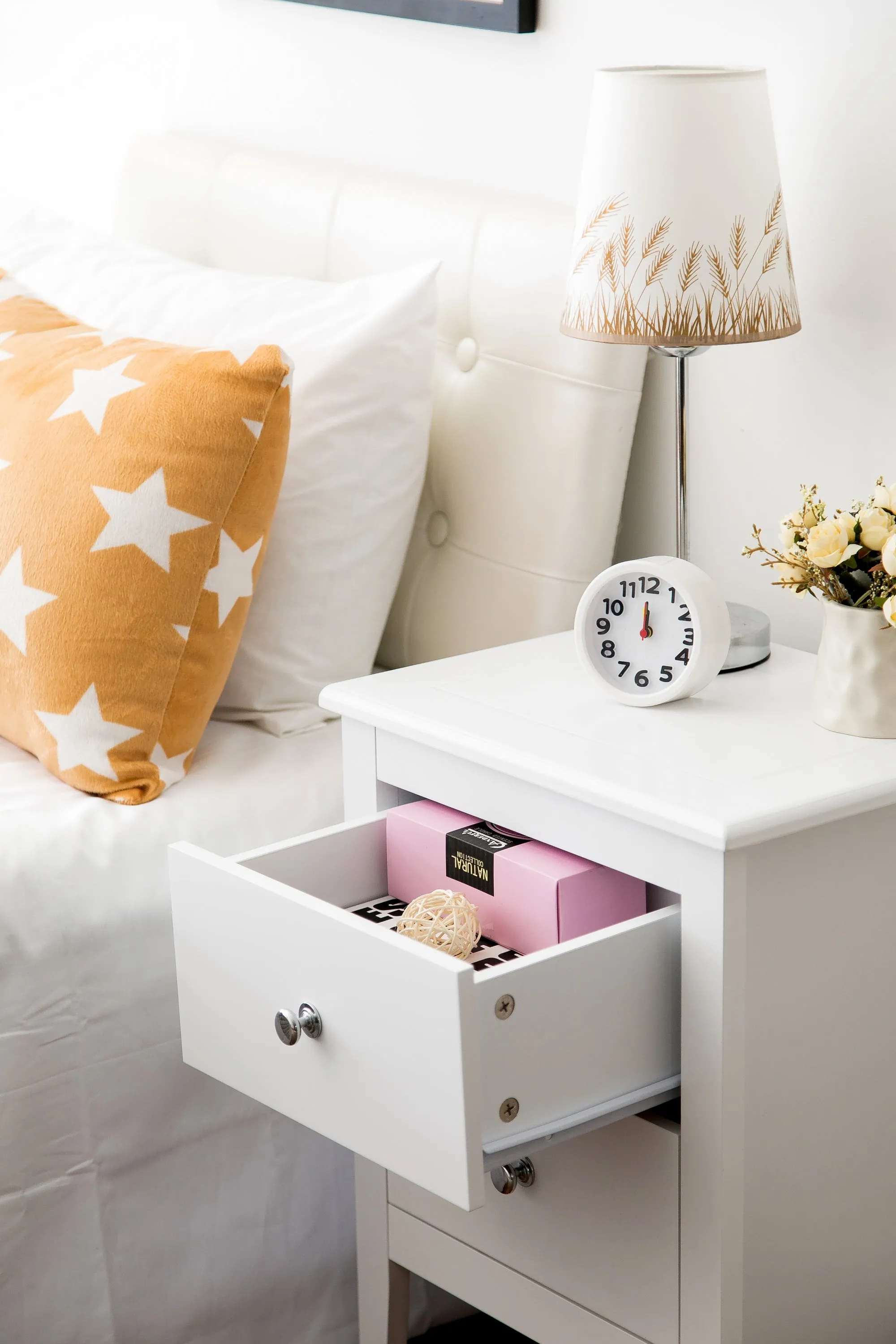 Melia Bedside Table, Nightstand, Lamp Desk for Bedroom (White, 2 Drawer)