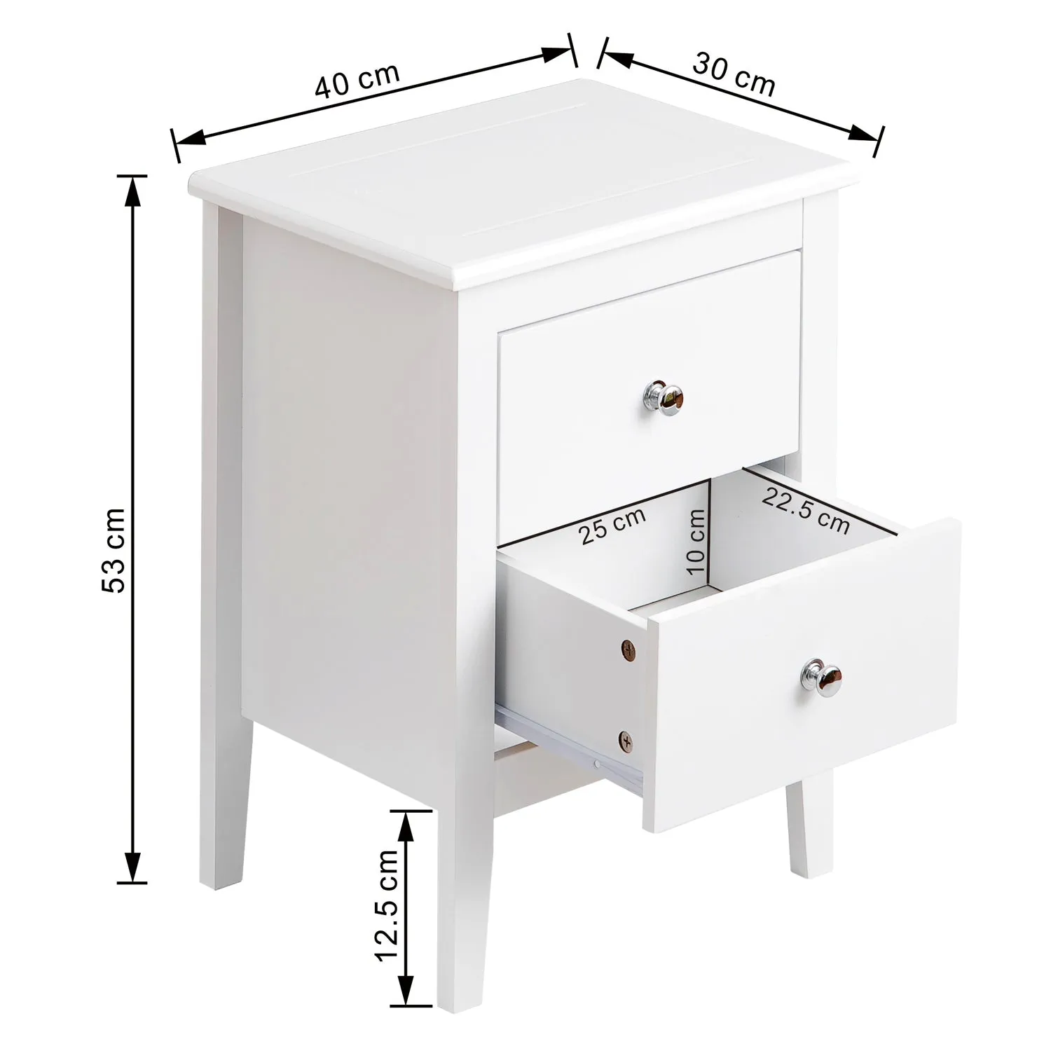 Melia Bedside Table, Nightstand, Lamp Desk for Bedroom (White, 2 Drawer)