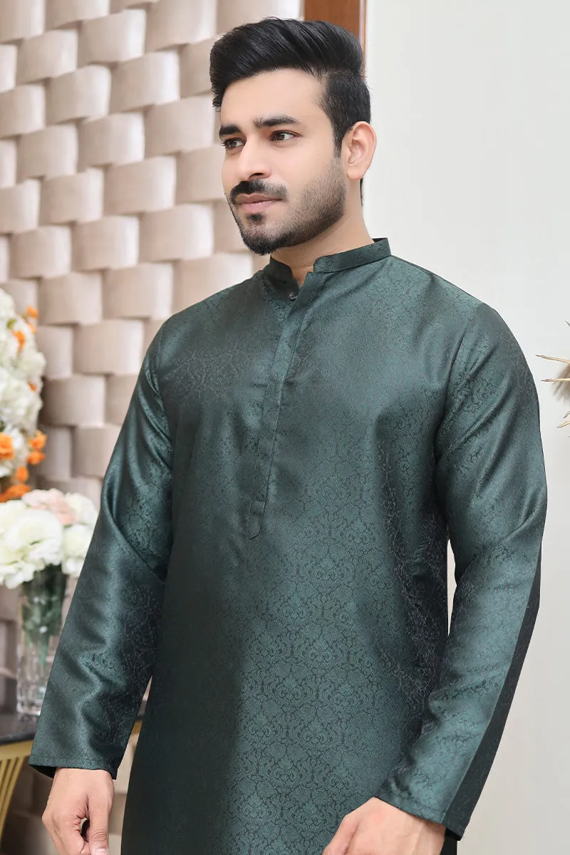 Men Jamawar Kurta Green