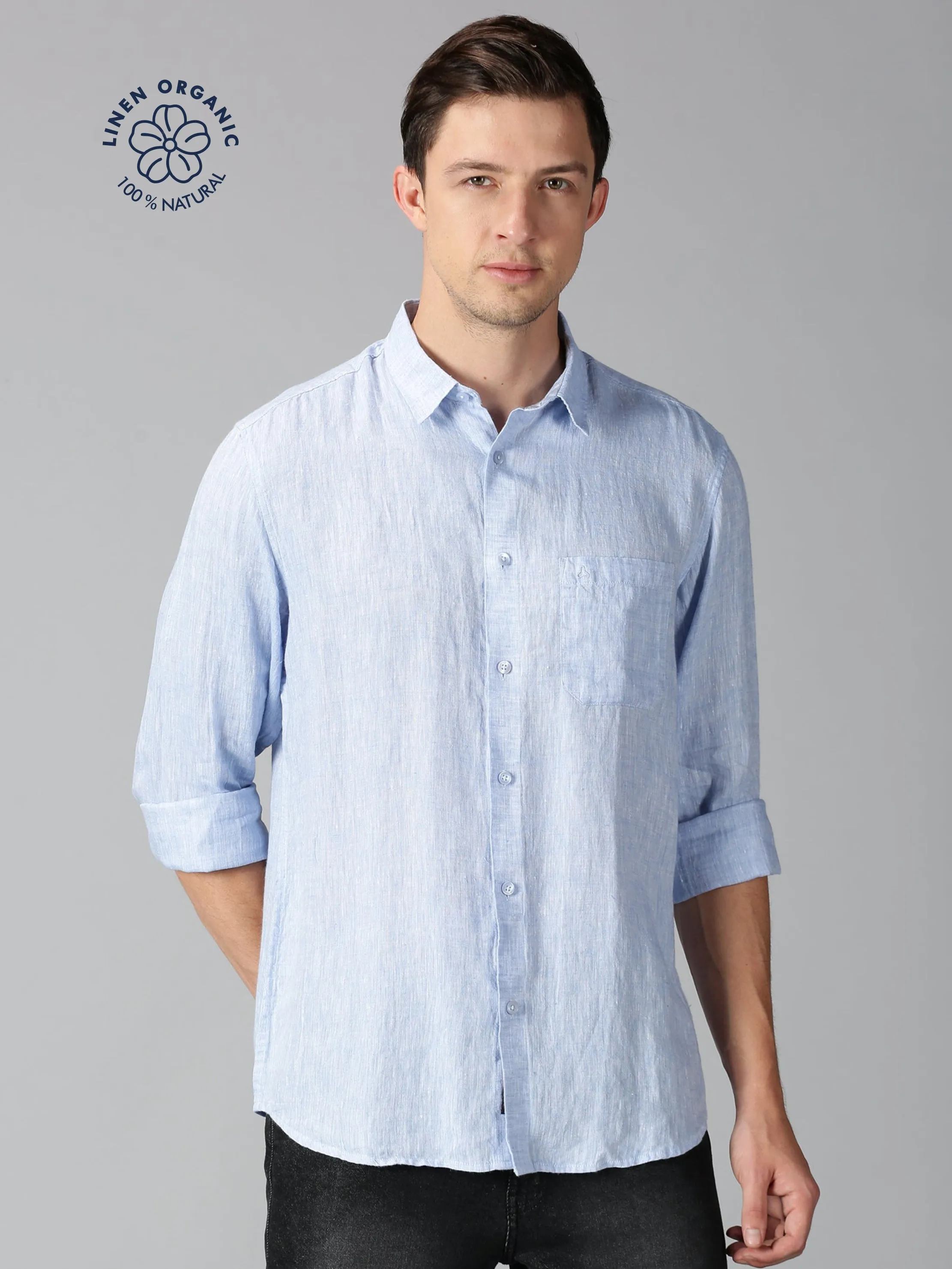 MEN LINEN BLUE SOLID SLIM FIT SHIRT