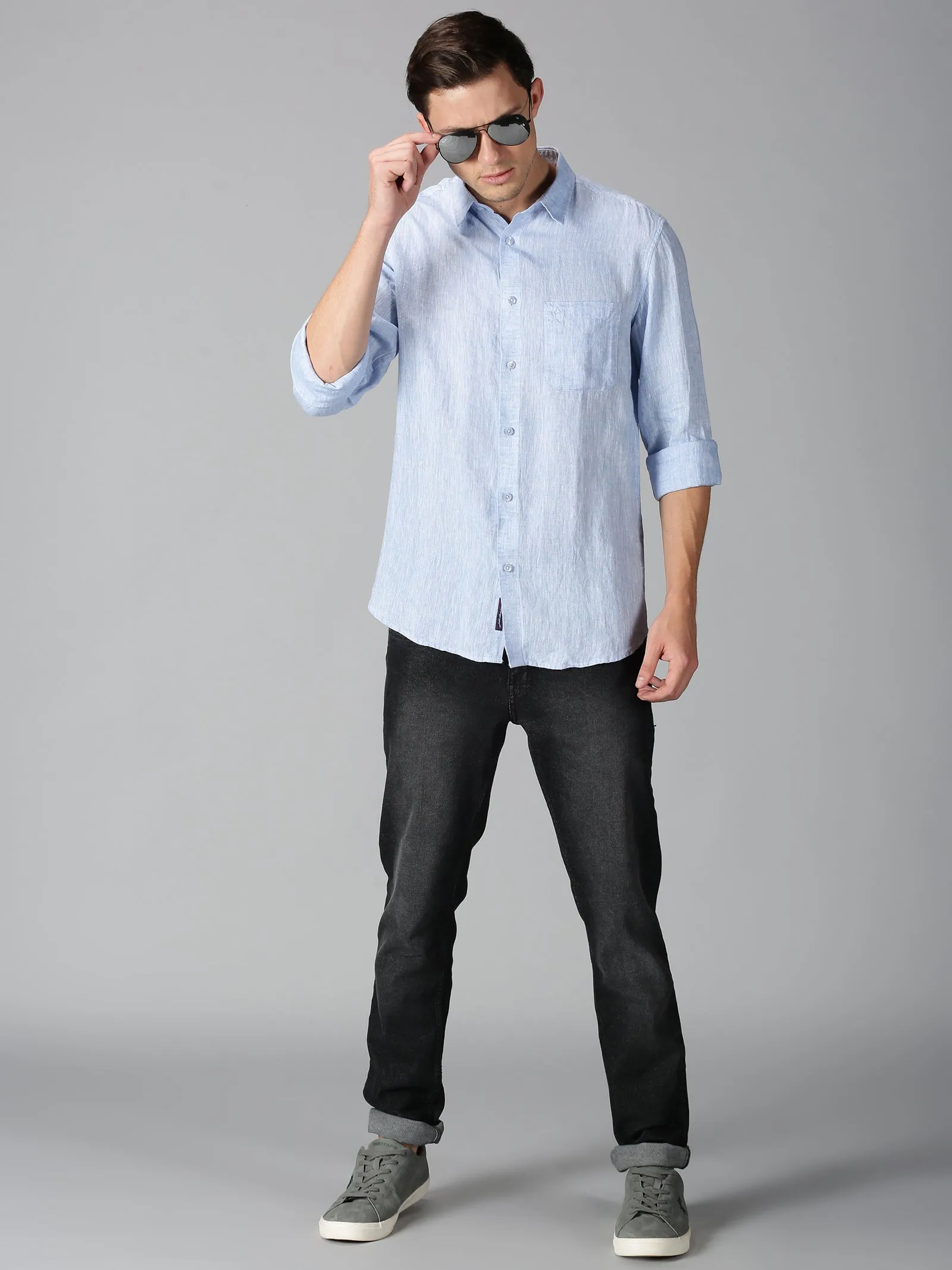 MEN LINEN BLUE SOLID SLIM FIT SHIRT