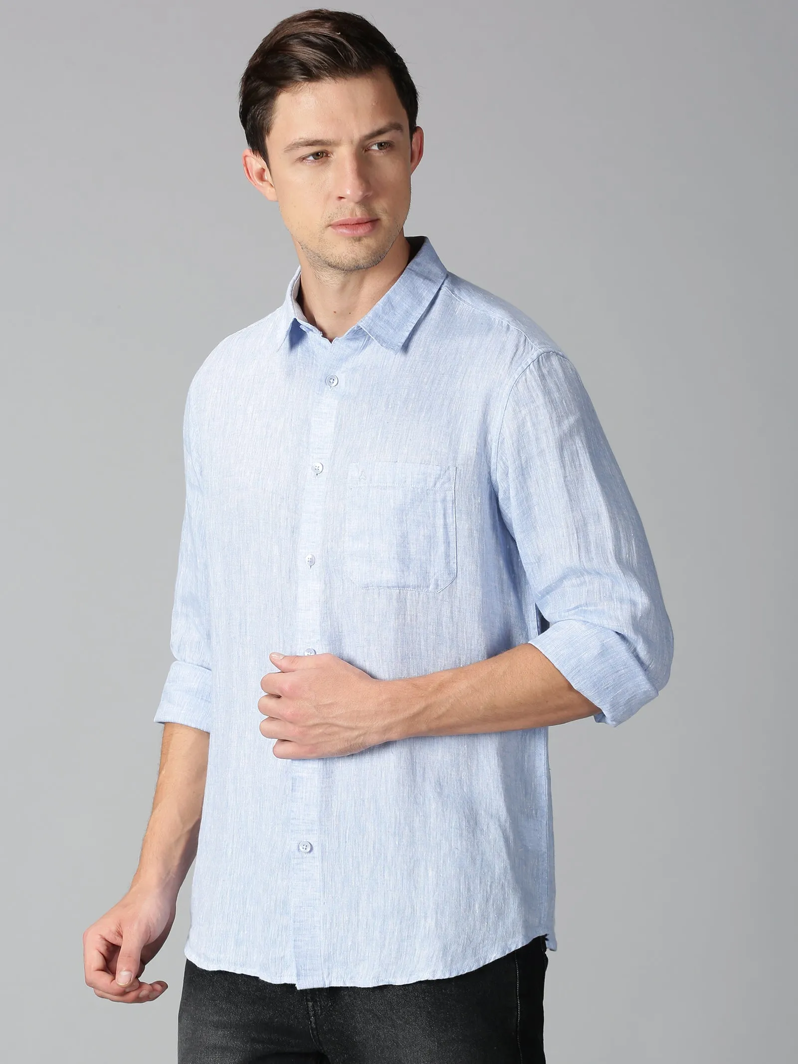 MEN LINEN BLUE SOLID SLIM FIT SHIRT