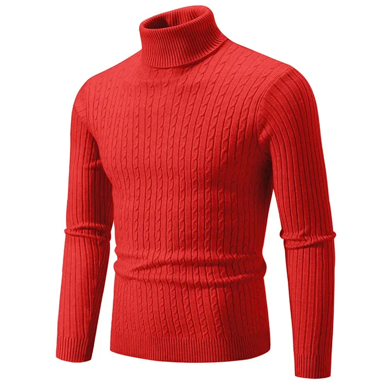 Men's High Neck Turtleneck Sweater - Solid Color Knitted Pullover, Warm Woolen Casual Winter Top for Outdoor Wear