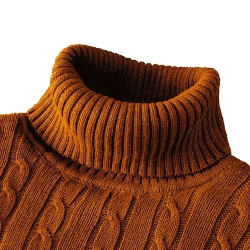 Men's High Neck Turtleneck Sweater - Solid Color Knitted Pullover, Warm Woolen Casual Winter Top for Outdoor Wear