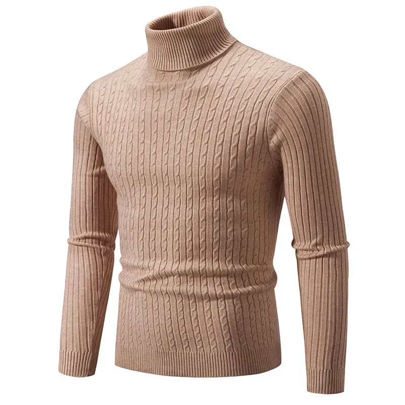 Men's High Neck Turtleneck Sweater - Solid Color Knitted Pullover, Warm Woolen Casual Winter Top for Outdoor Wear