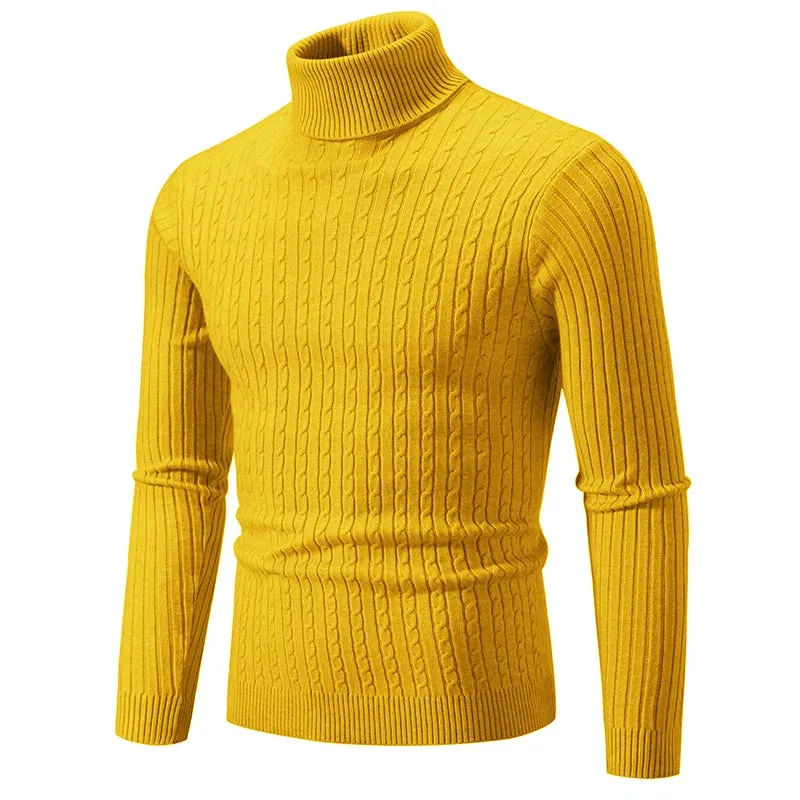 Men's High Neck Turtleneck Sweater - Solid Color Knitted Pullover, Warm Woolen Casual Winter Top for Outdoor Wear