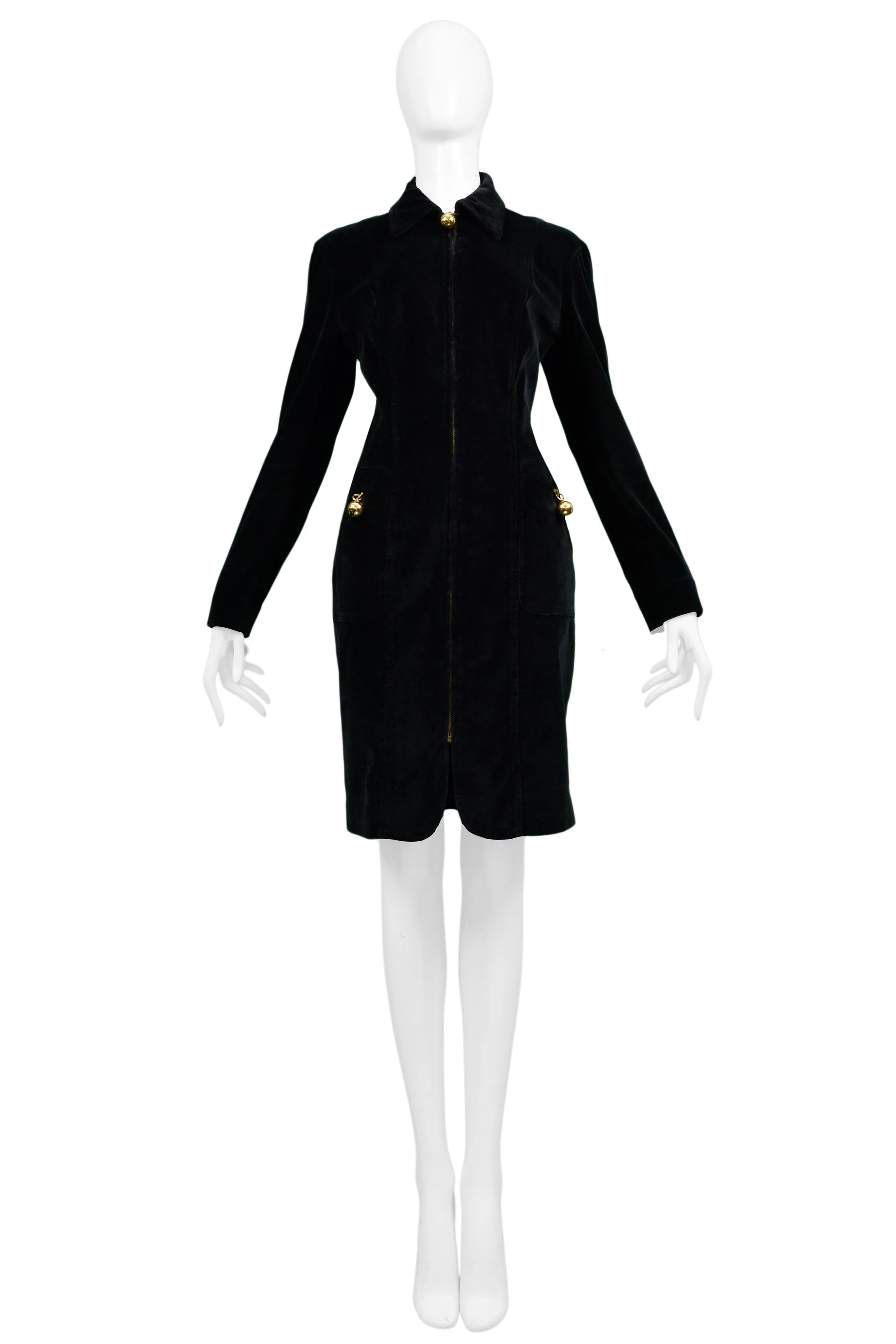 MOSCHINO BLACK VELVET ZIP COAT DRESS WITH GOLD BALLS