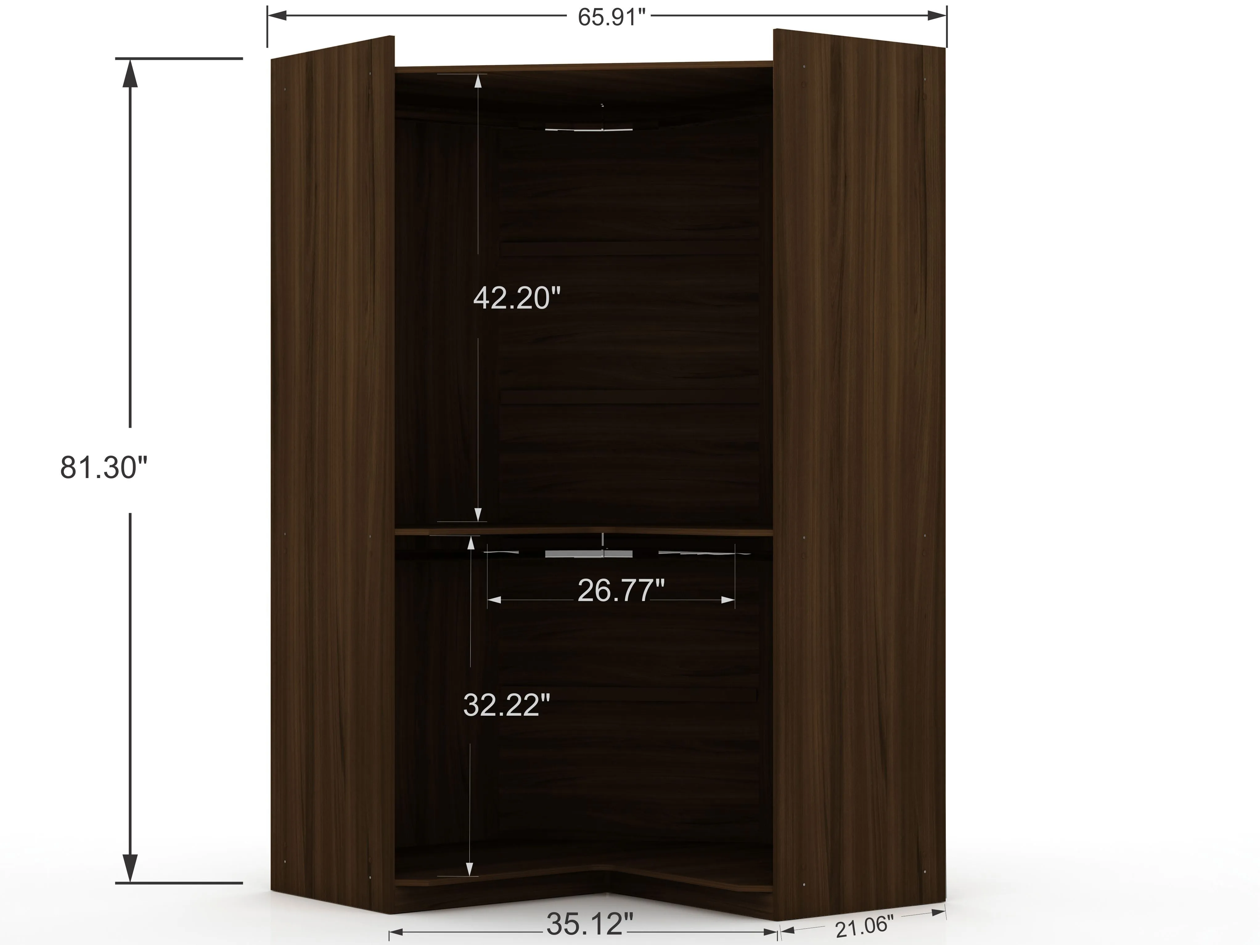 Mulberry 2.0 Semi Open 3 Sectional Modern Wardrobe Corner Closet with 4 Drawers - Set of 3 in Brown