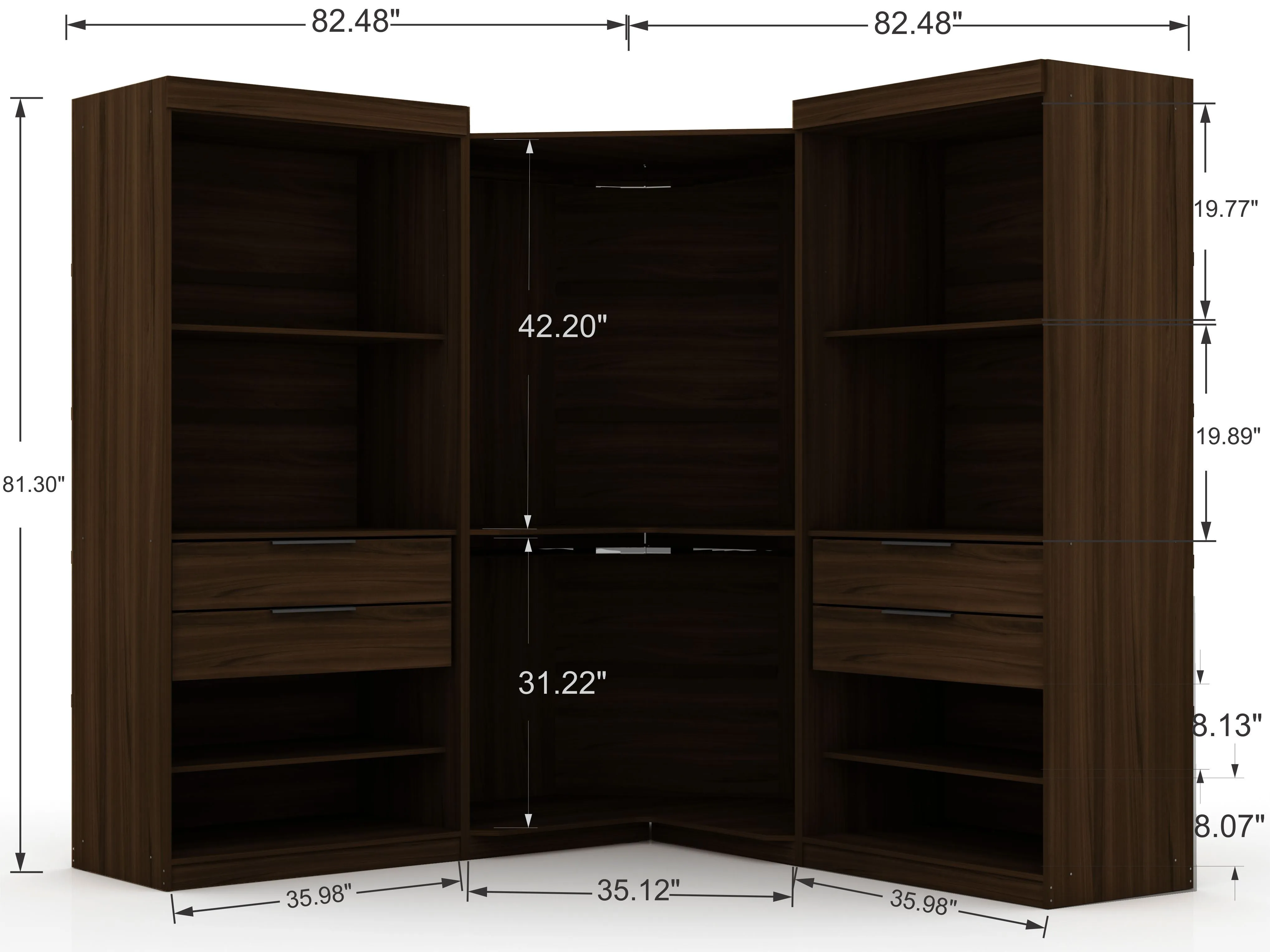 Mulberry 2.0 Semi Open 3 Sectional Modern Wardrobe Corner Closet with 4 Drawers - Set of 3 in Brown