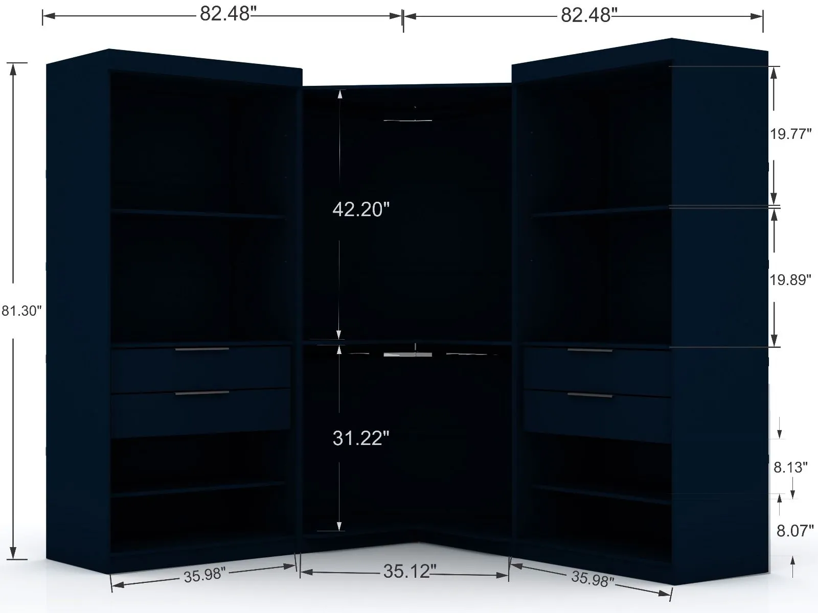 Mulberry 2.0 Semi Open 3 Sectional Modern Wardrobe Corner Closet with 4 Drawers - Set of 3 in Tatiana Midnight Blue