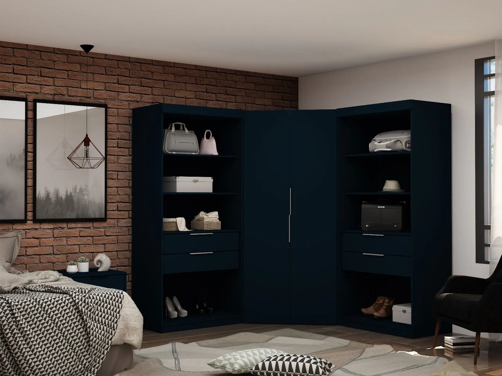 Mulberry 2.0 Semi Open 3 Sectional Modern Wardrobe Corner Closet with 4 Drawers - Set of 3 in Tatiana Midnight Blue