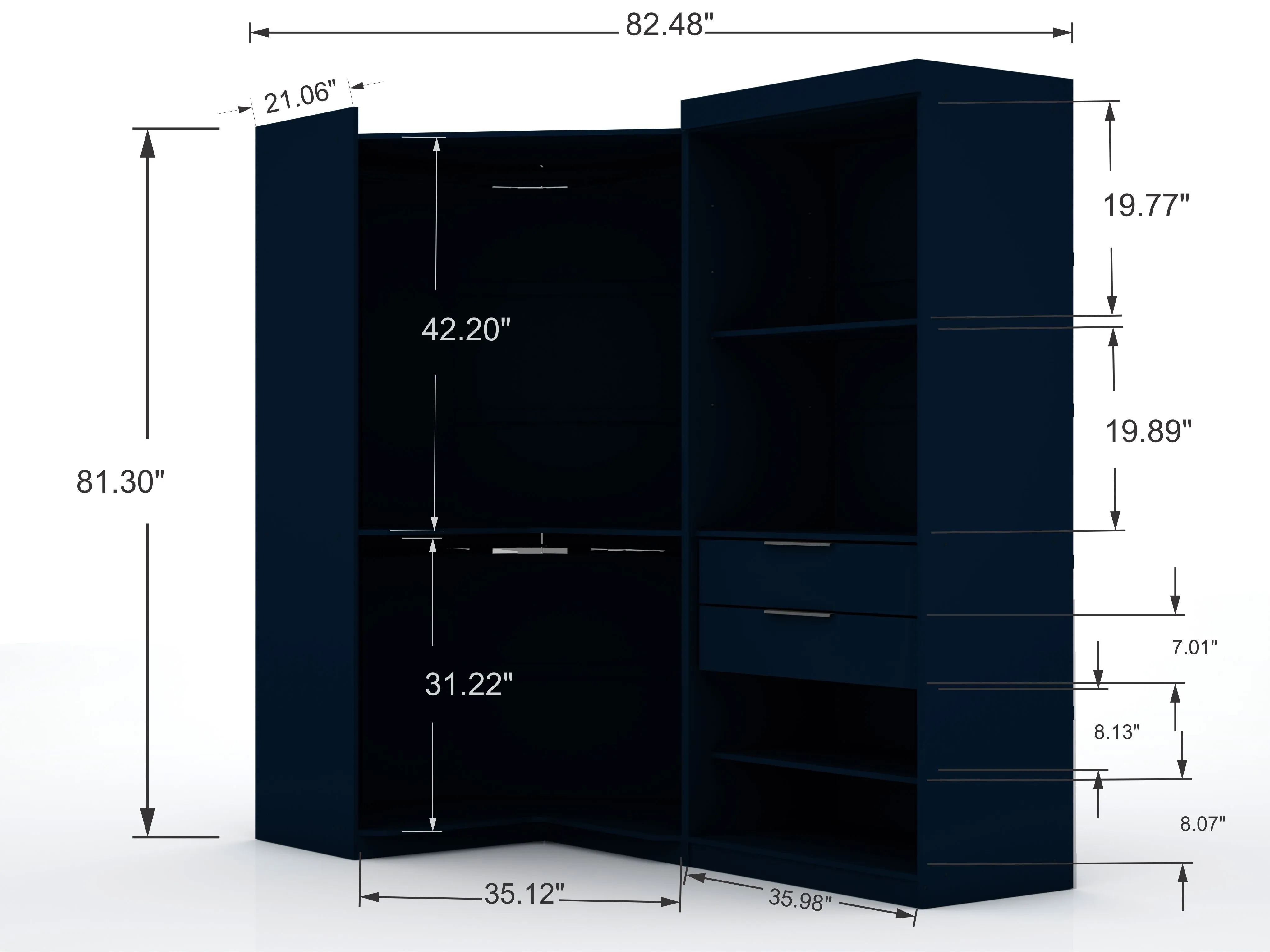 Mulberry Open 2 Sectional Modern Corner Wardrobe Closet with 2 Drawers- Set of 2 in Tatiana Midnight Blue