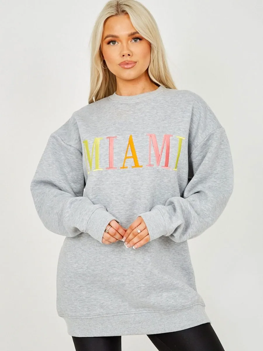 Nailah MIAMI Embroidered Oversized Sweatshirt Jumper In Grey