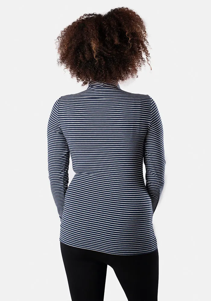 Navy & White Stripe Long Sleeve Polo Top