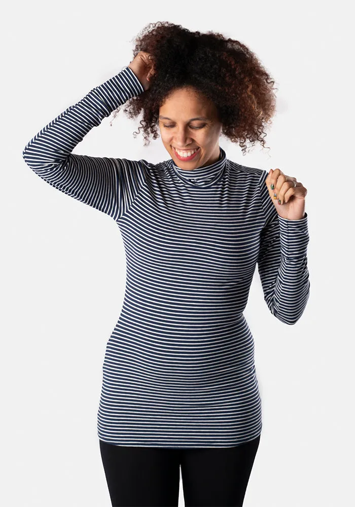 Navy & White Stripe Long Sleeve Polo Top