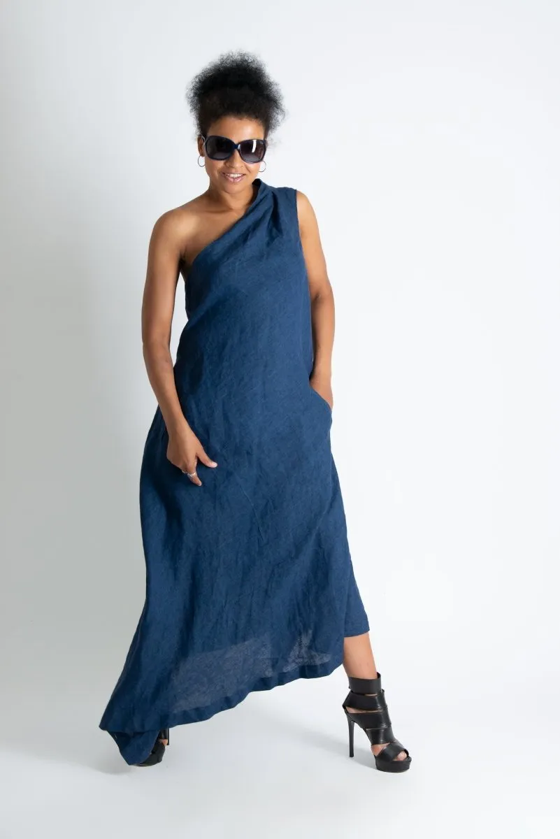 Navy Blue Linen One Shoulder Dress TIFFANY