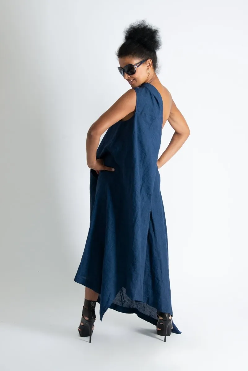 Navy Blue Linen One Shoulder Dress TIFFANY