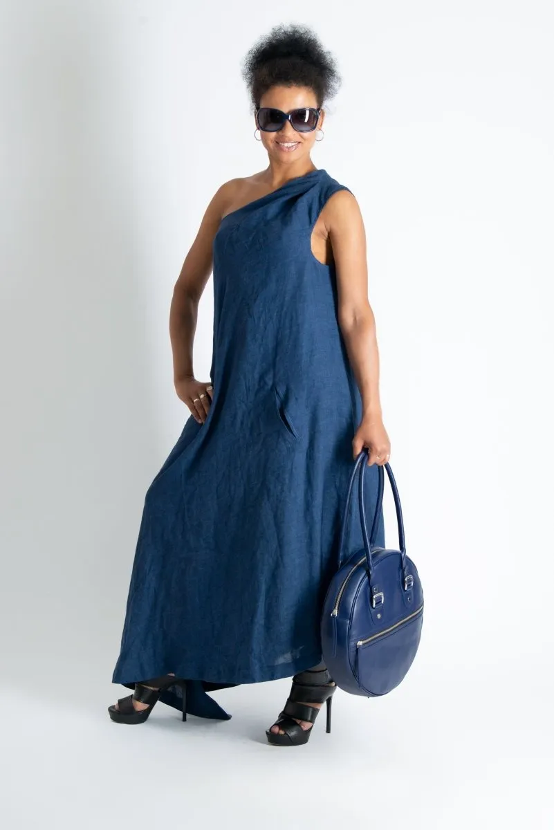 Navy Blue Linen One Shoulder Dress TIFFANY