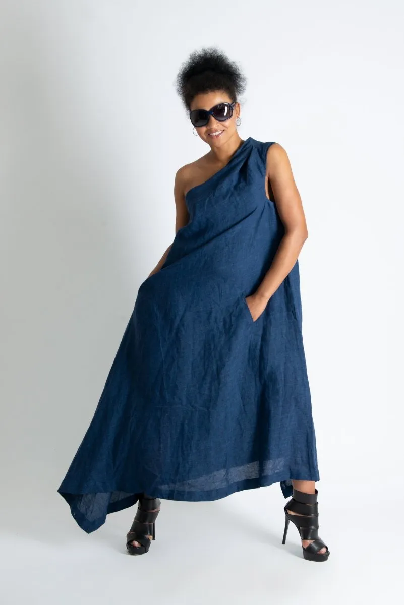 Navy Blue Linen One Shoulder Dress TIFFANY