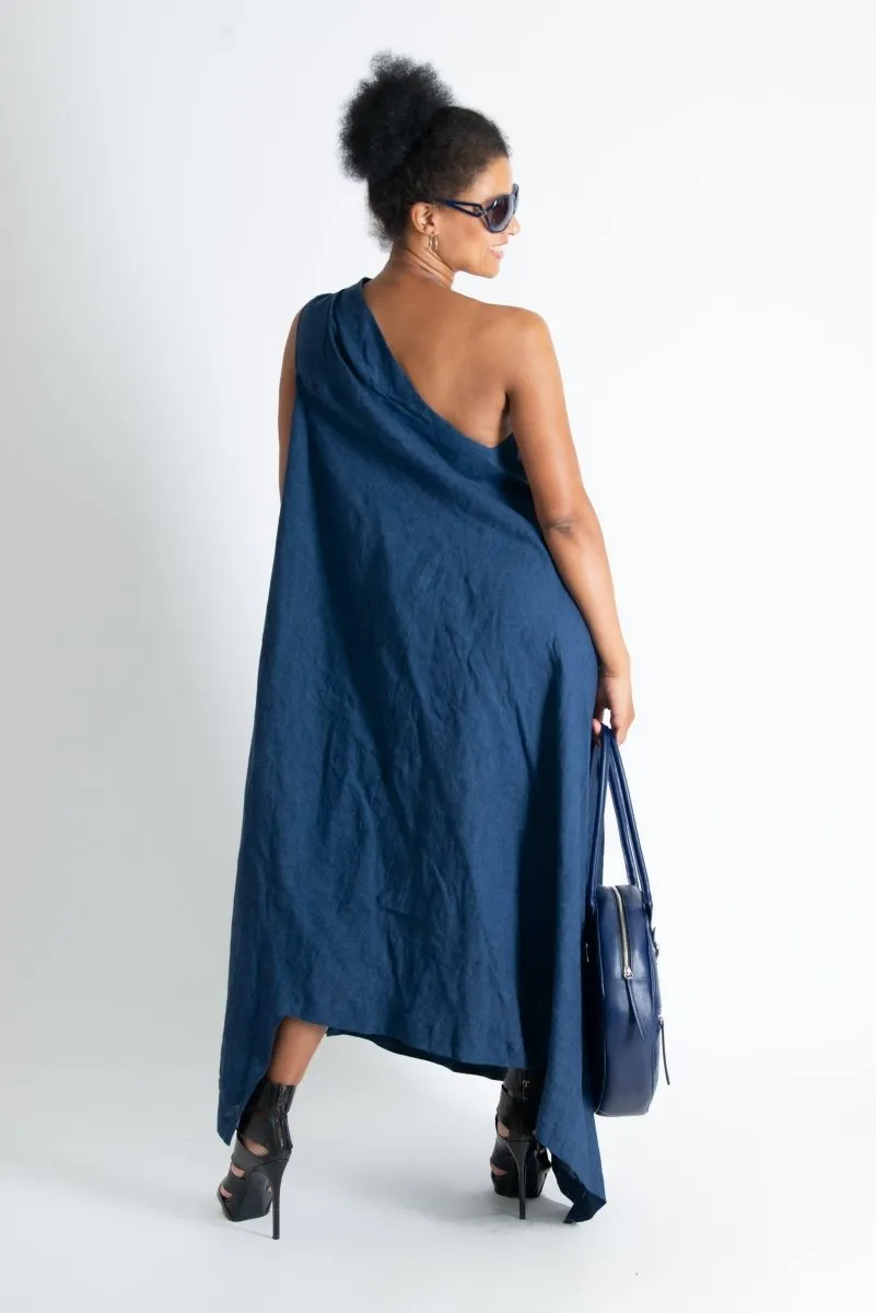 Navy Blue Linen One Shoulder Dress TIFFANY