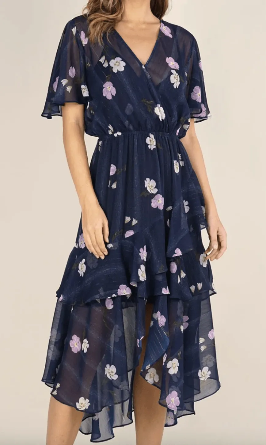 Navy Floral Print dress with ruffles LS 71717WL