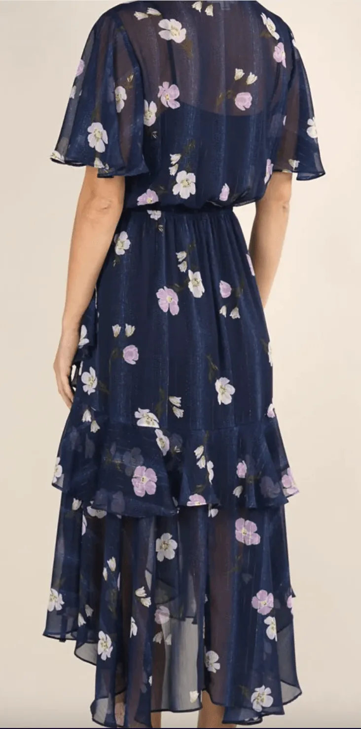 Navy Floral Print dress with ruffles LS 71717WL