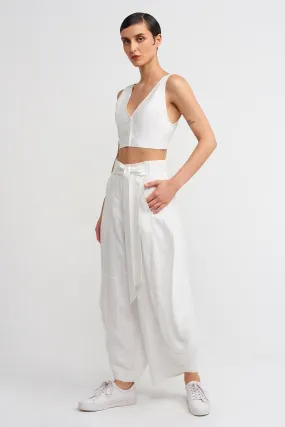 Nu High-Waisted Draped Linen Trousers Off White