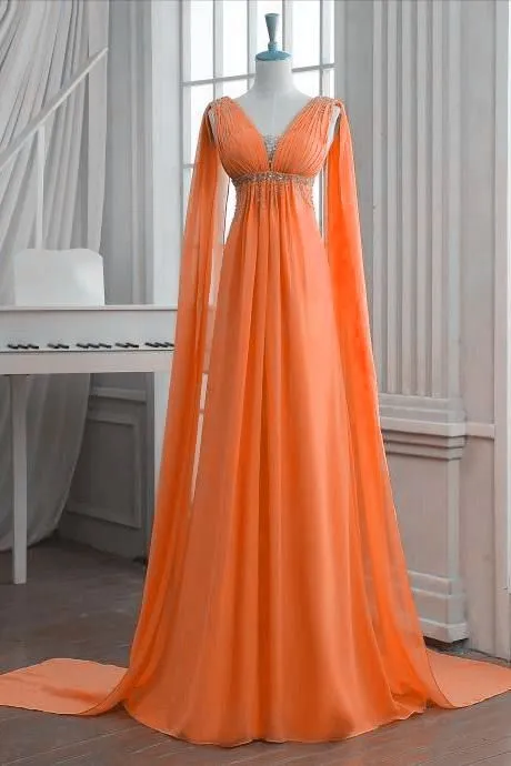 Orange V-Neck Sleeveless Chiffon Empire Waist Long Prom Dress, Evening Dress    fg1553