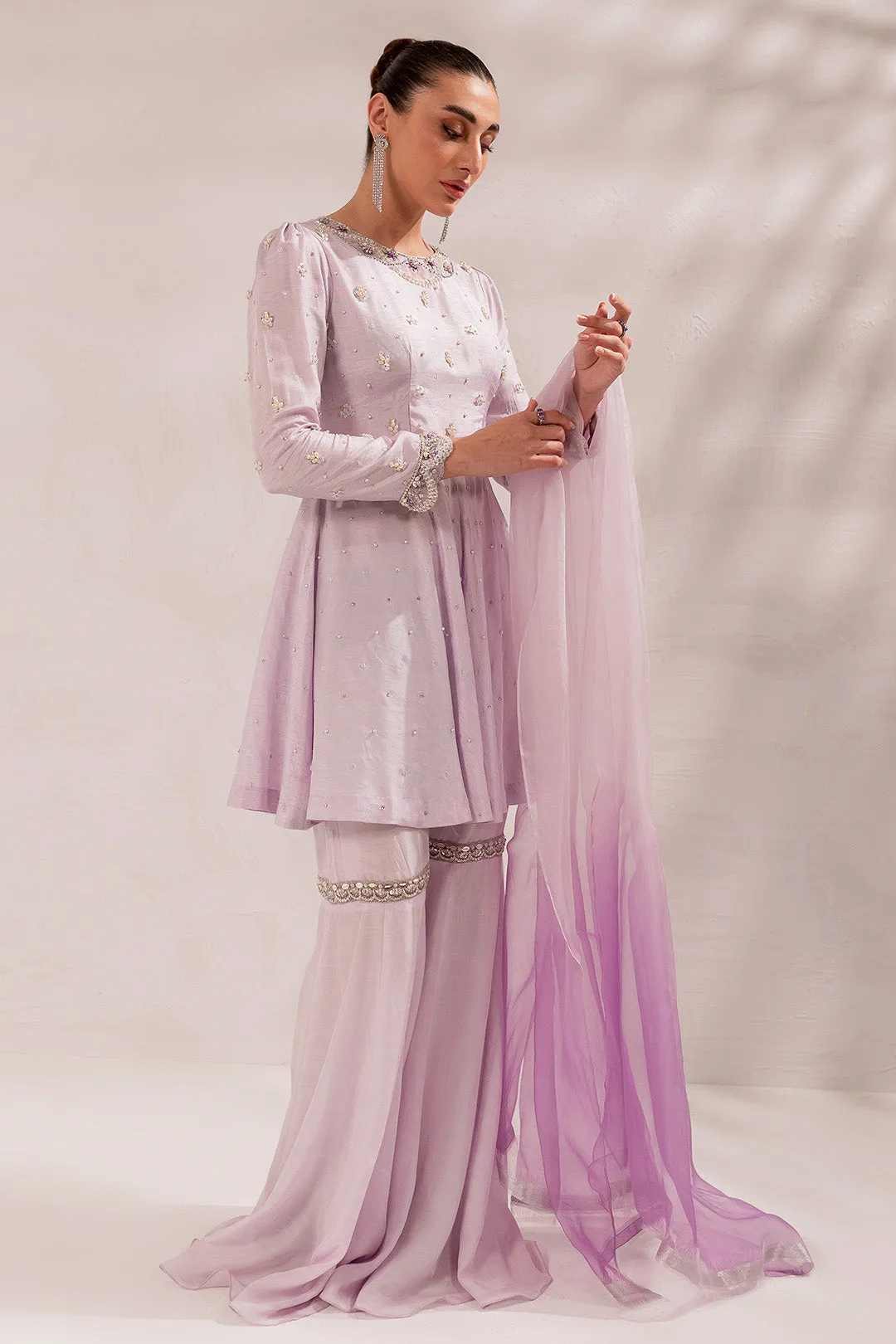 Pakistani Eid Dress in Lilac Gharara and Peplum Style