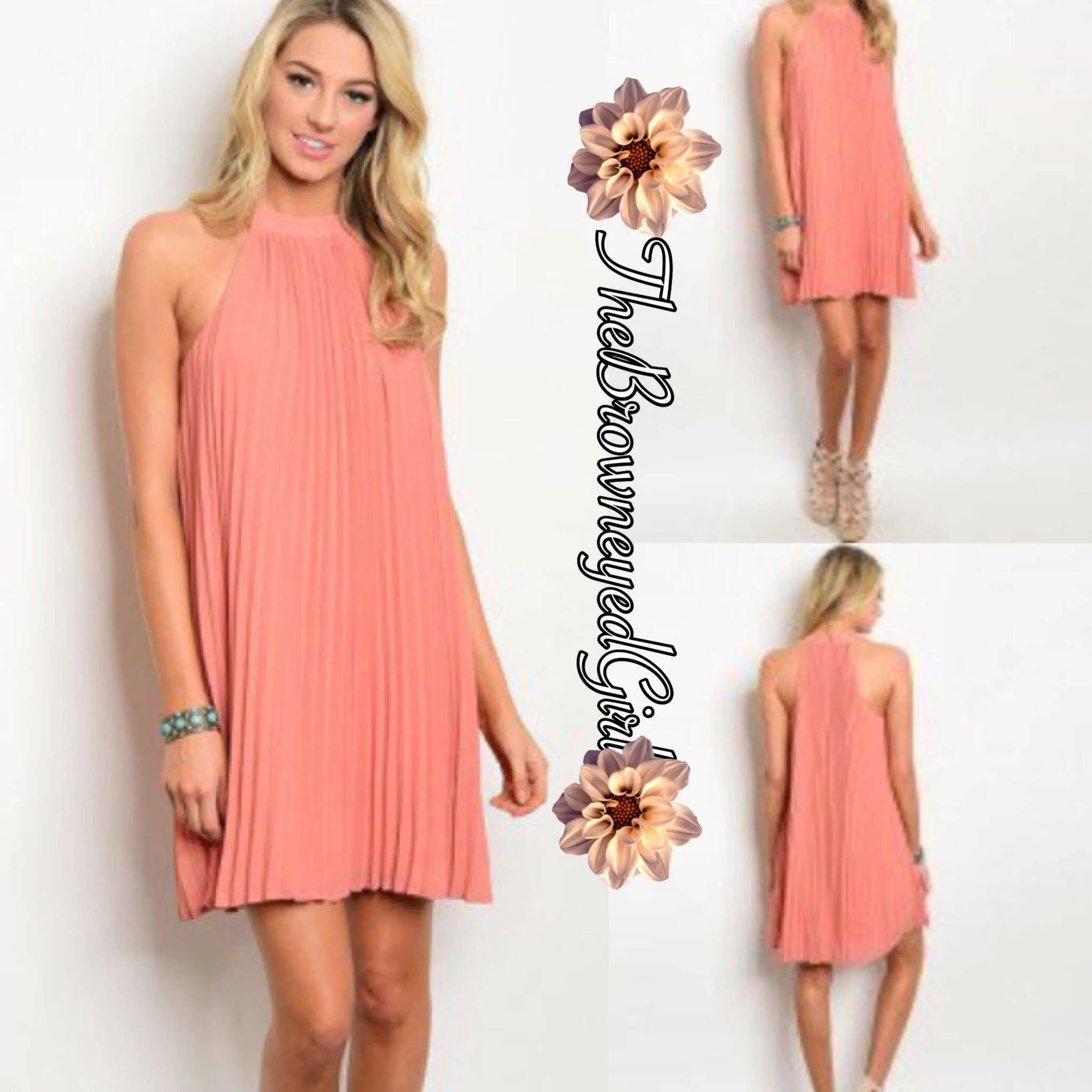 Peach Pleated Halter Dress Entro