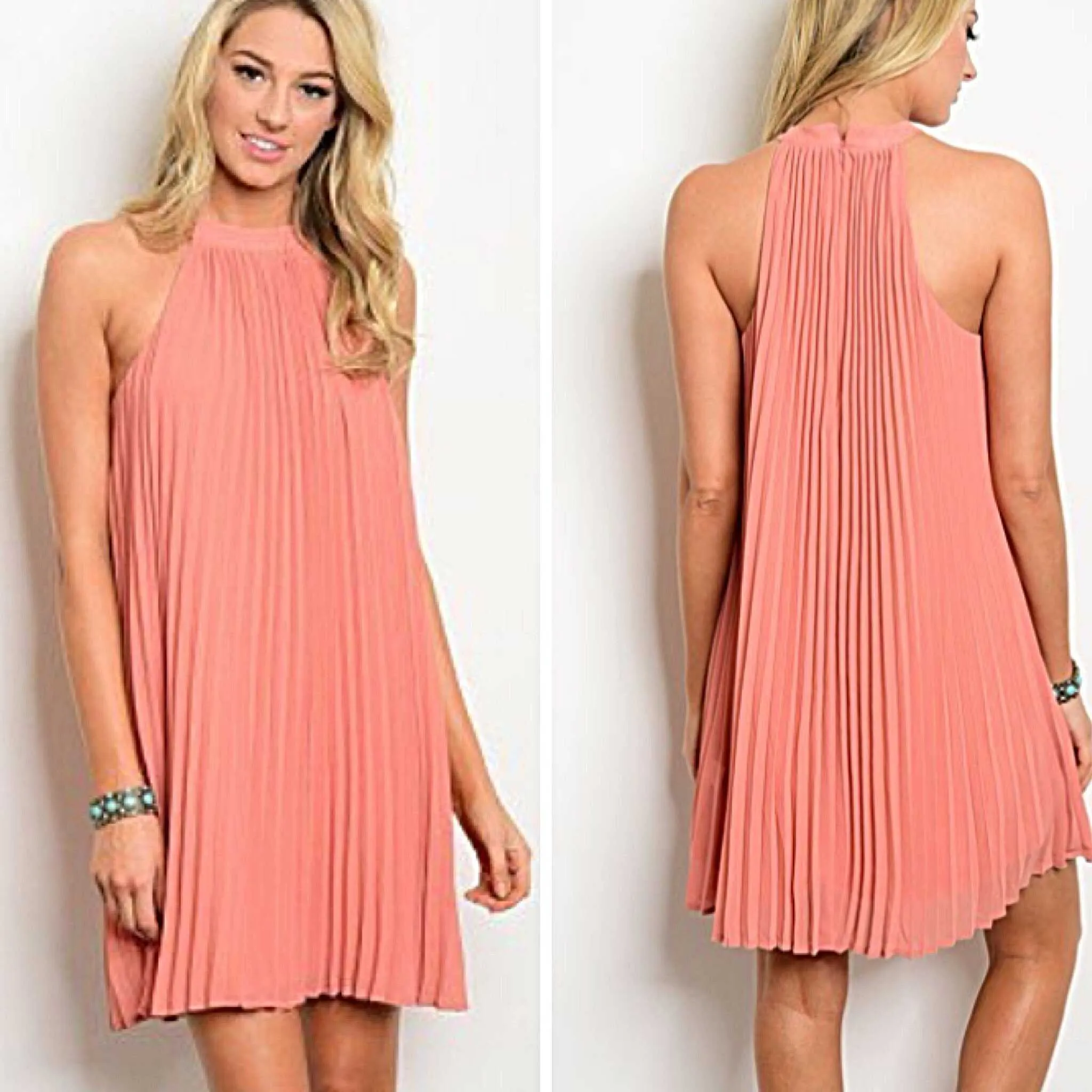 Peach Pleated Halter Dress Entro