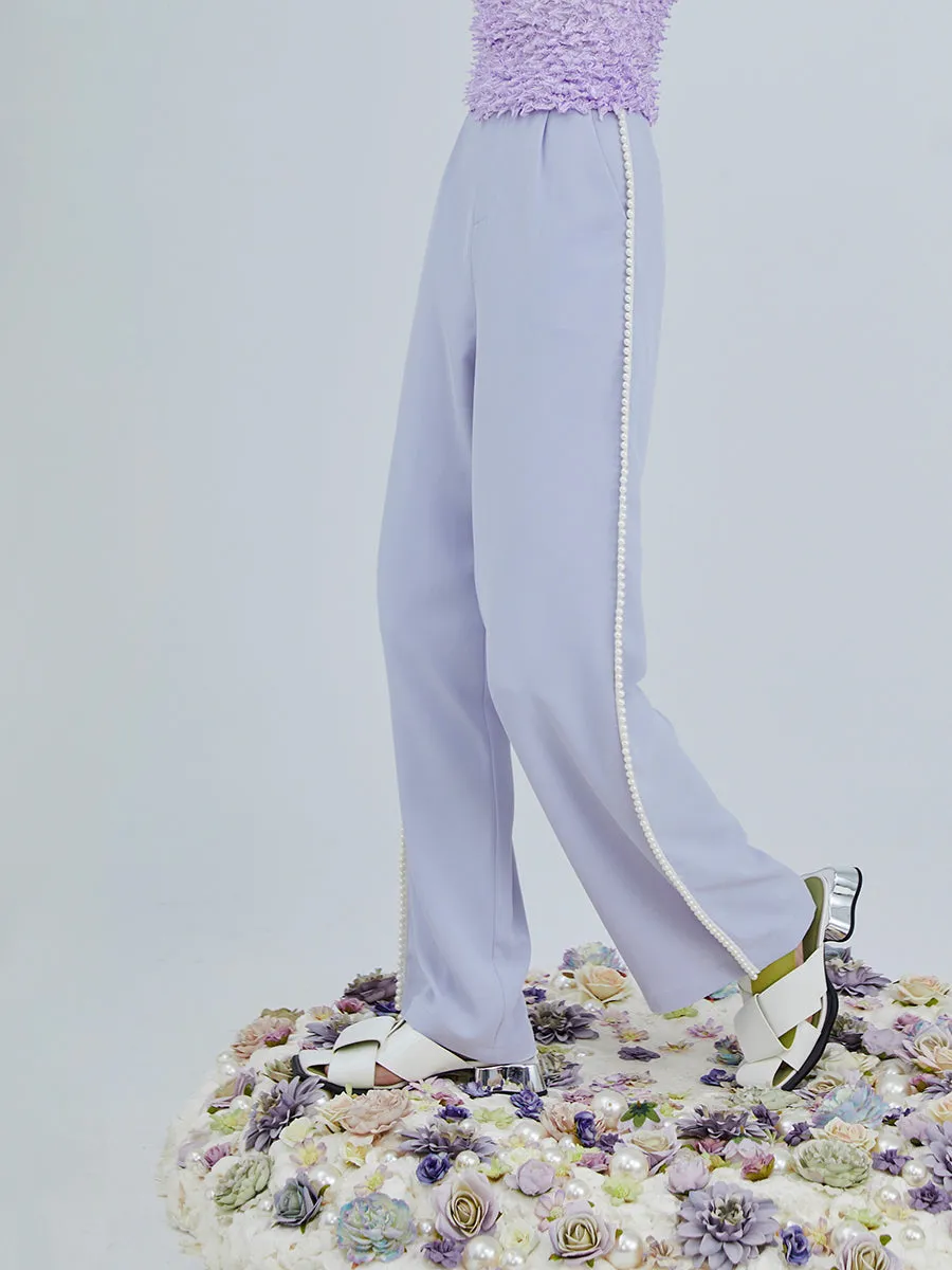 Pearl Embellished High Waist Wide Leg Pants