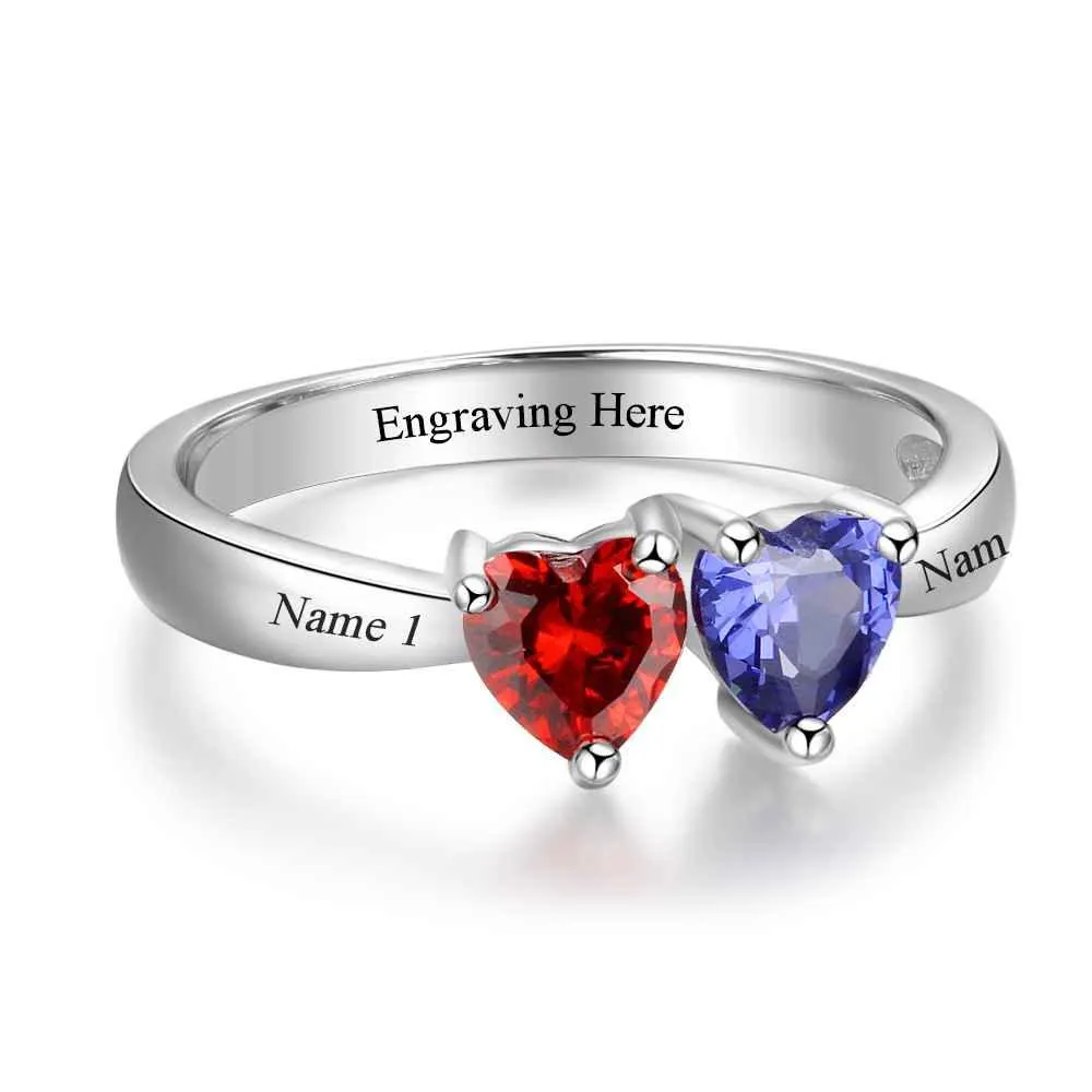 Personalized 925 Sterling Silver Promise Rings for Women – Custom Double Heart Birthstones – Engrave Names – Trendy Jewelry Gift 