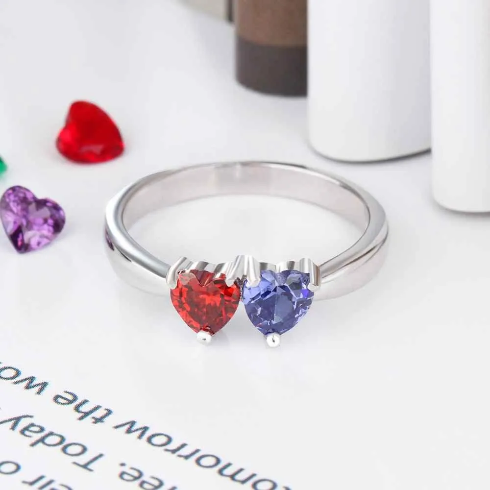 Personalized 925 Sterling Silver Promise Rings for Women – Custom Double Heart Birthstones – Engrave Names – Trendy Jewelry Gift 