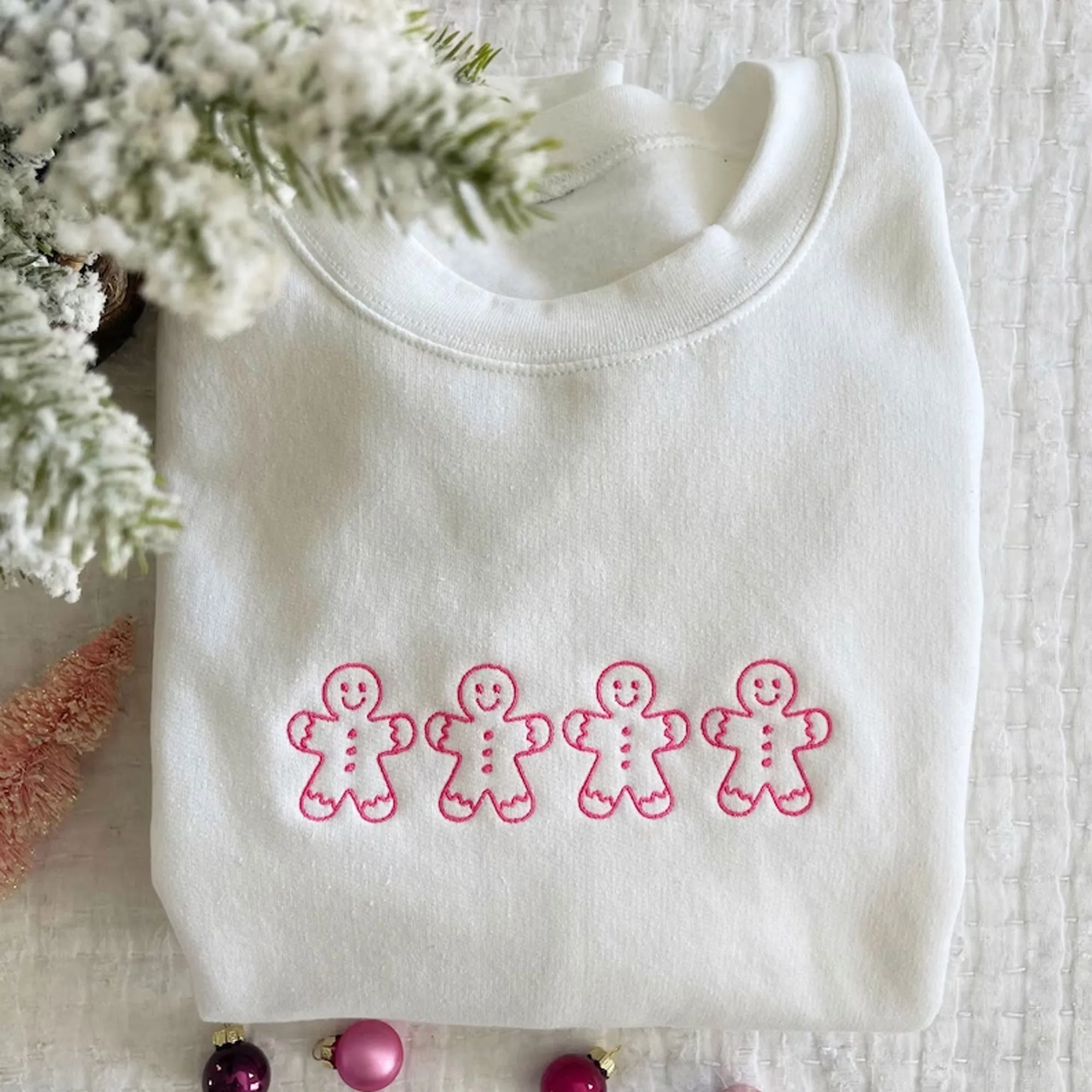 Pink and Fun Gingerbread Men Embroidered Sweatshirt