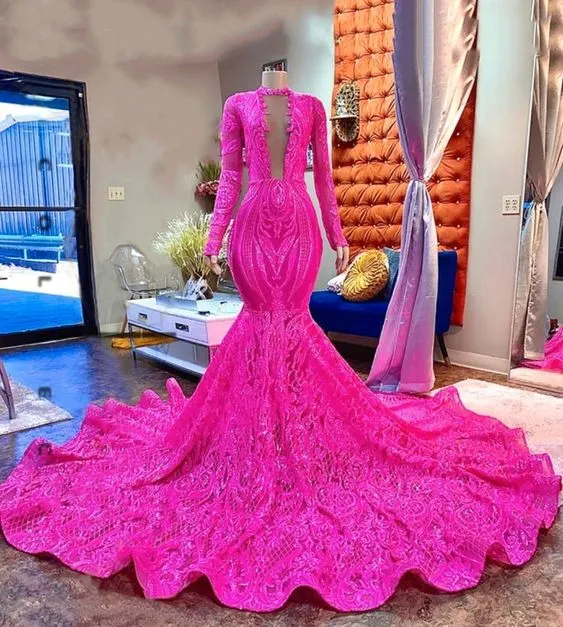 Pink Lace Sexy Fitted Mermaid Style Long Sleeve High Neck African Black Girls Long Prom Dresses    fg1611