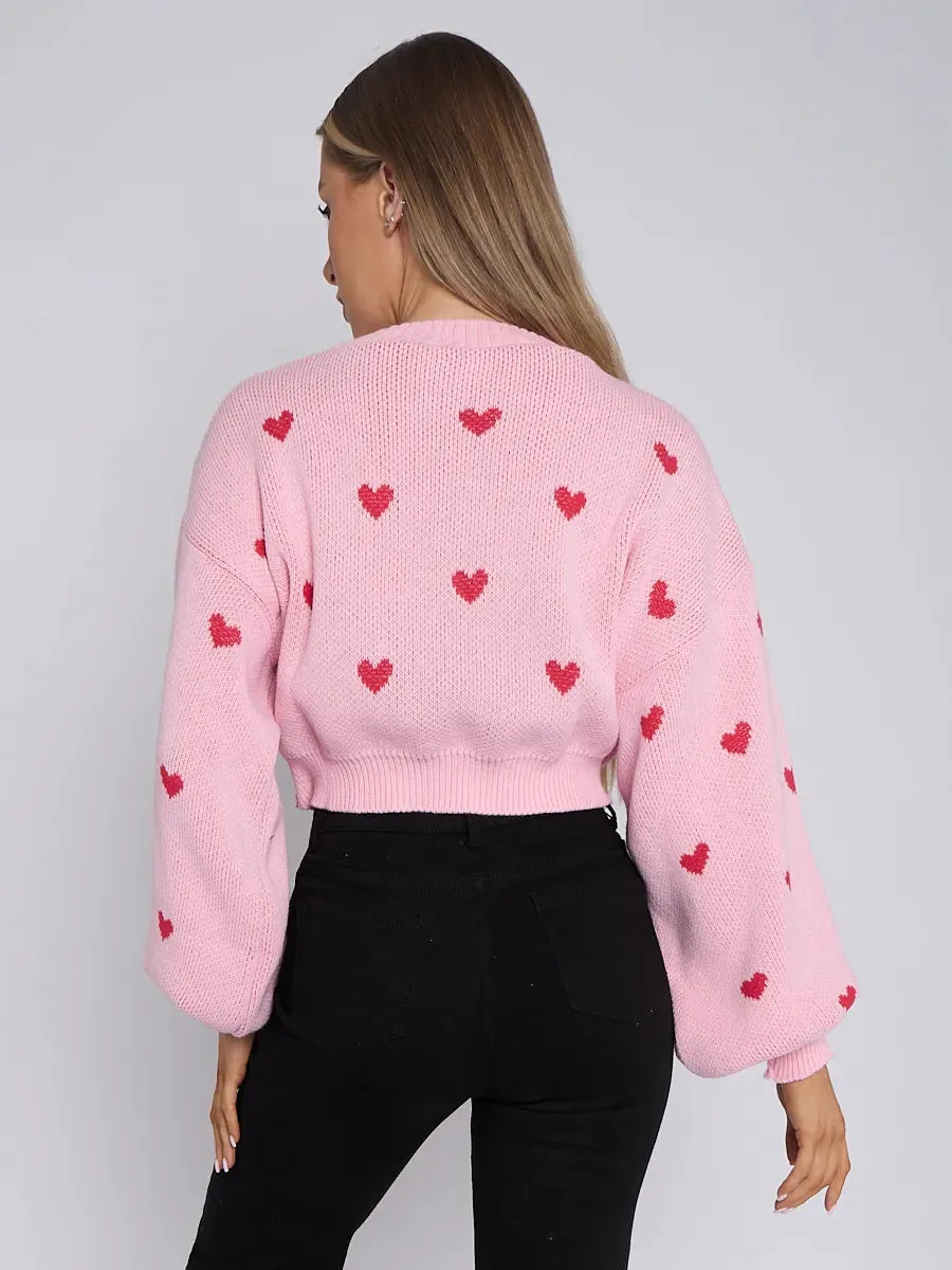 Pink Love Heart Detail Oversized Cropped Knitted Jumper