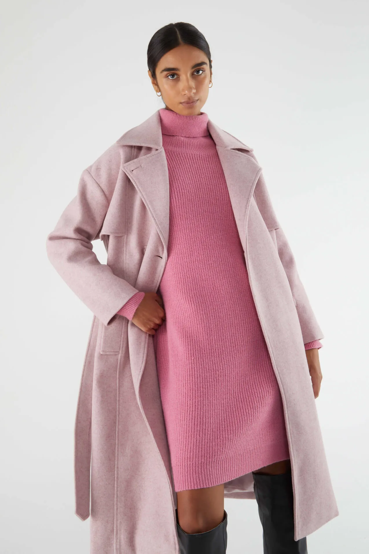 Pink turtleneck midi knit dress by Compania Fantastica