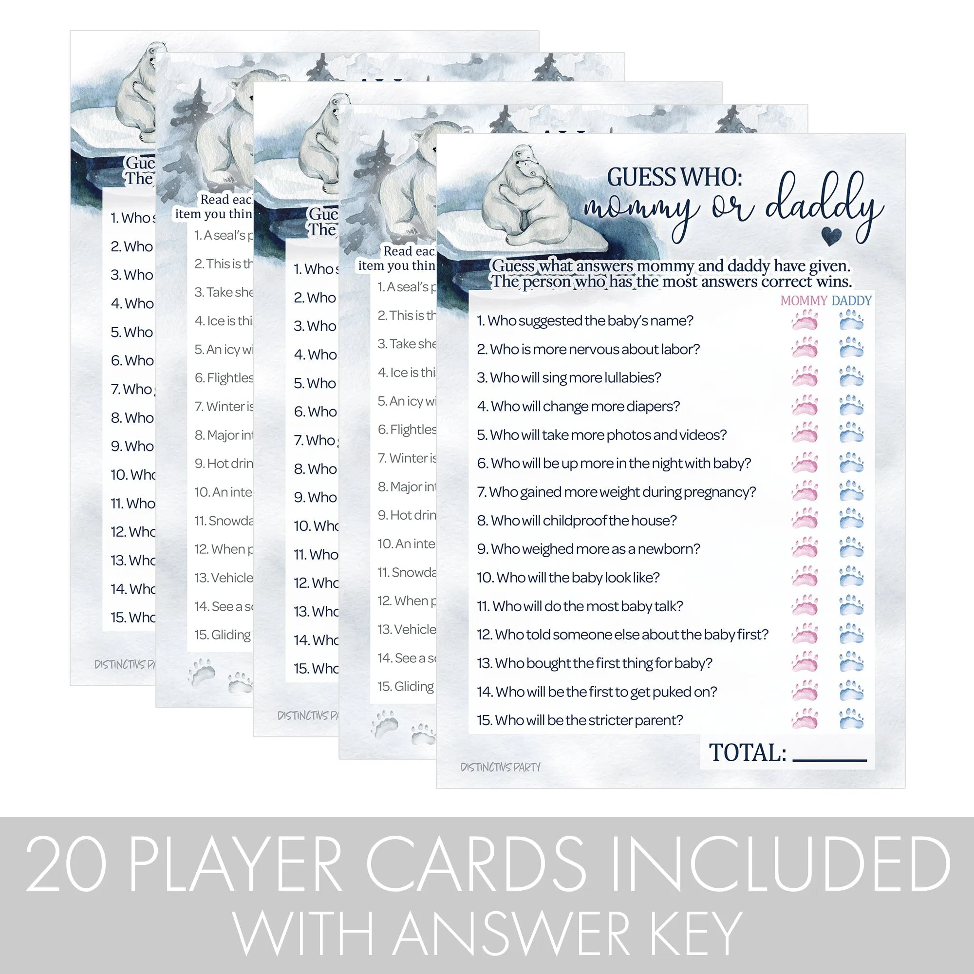 Polar Bear: Winter Baby Shower Game - "Guess Who" Mommy or Daddy and All Things Winter- Two Game Bundle - 20 Dual Sided Cards