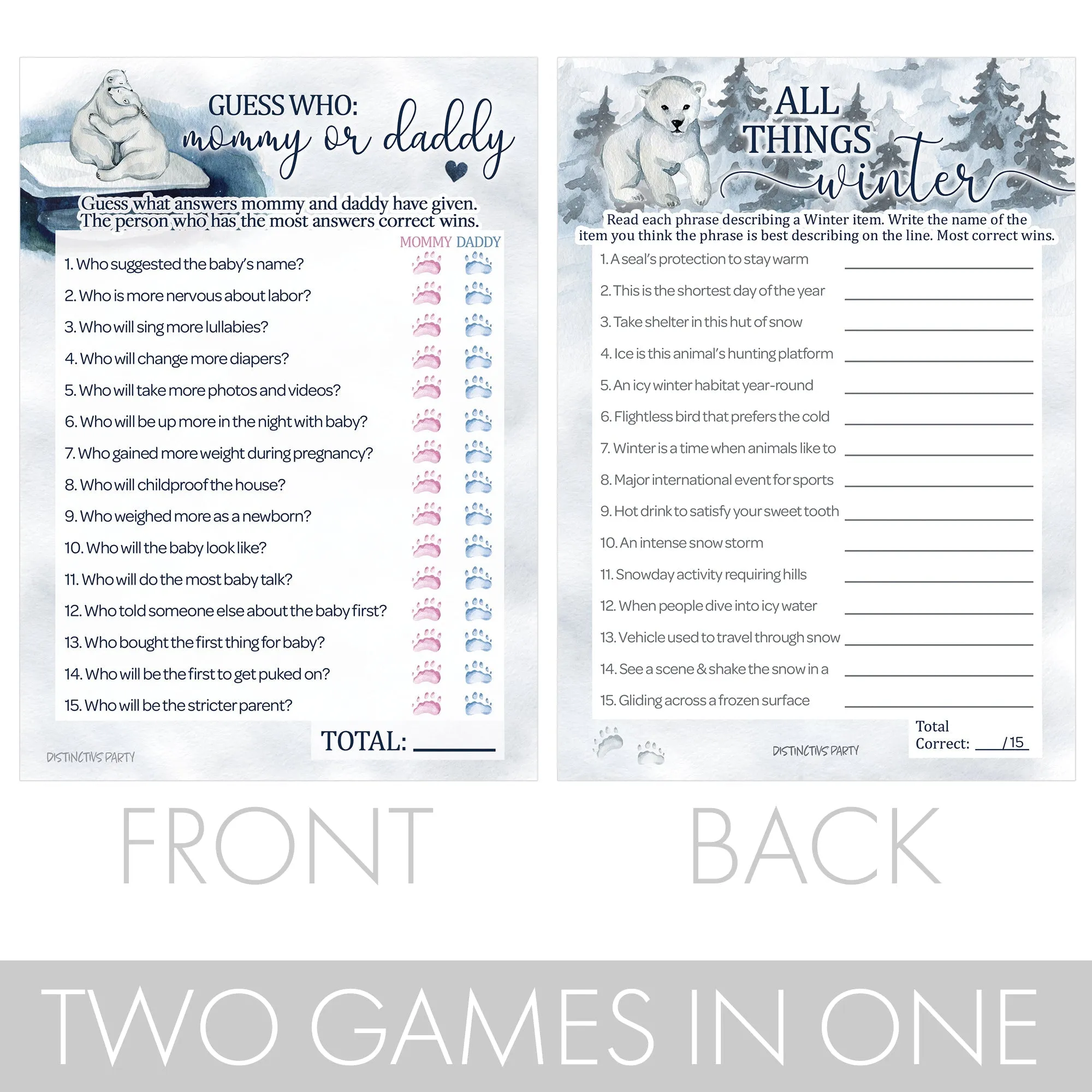 Polar Bear: Winter Baby Shower Game - "Guess Who" Mommy or Daddy and All Things Winter- Two Game Bundle - 20 Dual Sided Cards