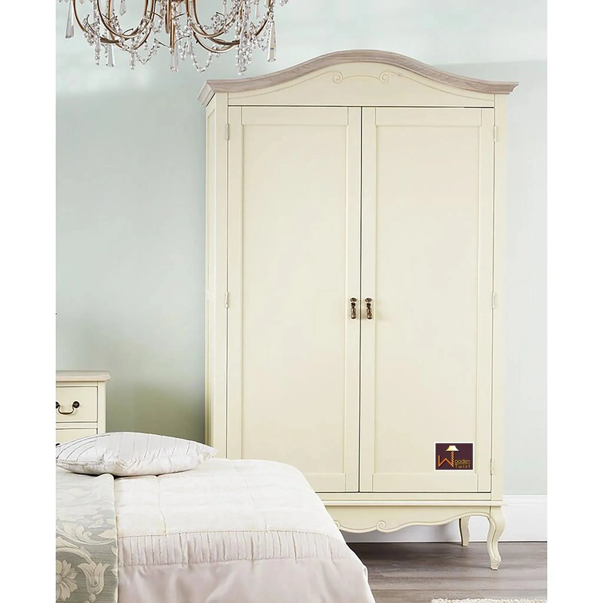 Premium Teak Wood 2 Door Wardrobe (Champagne White Finish)