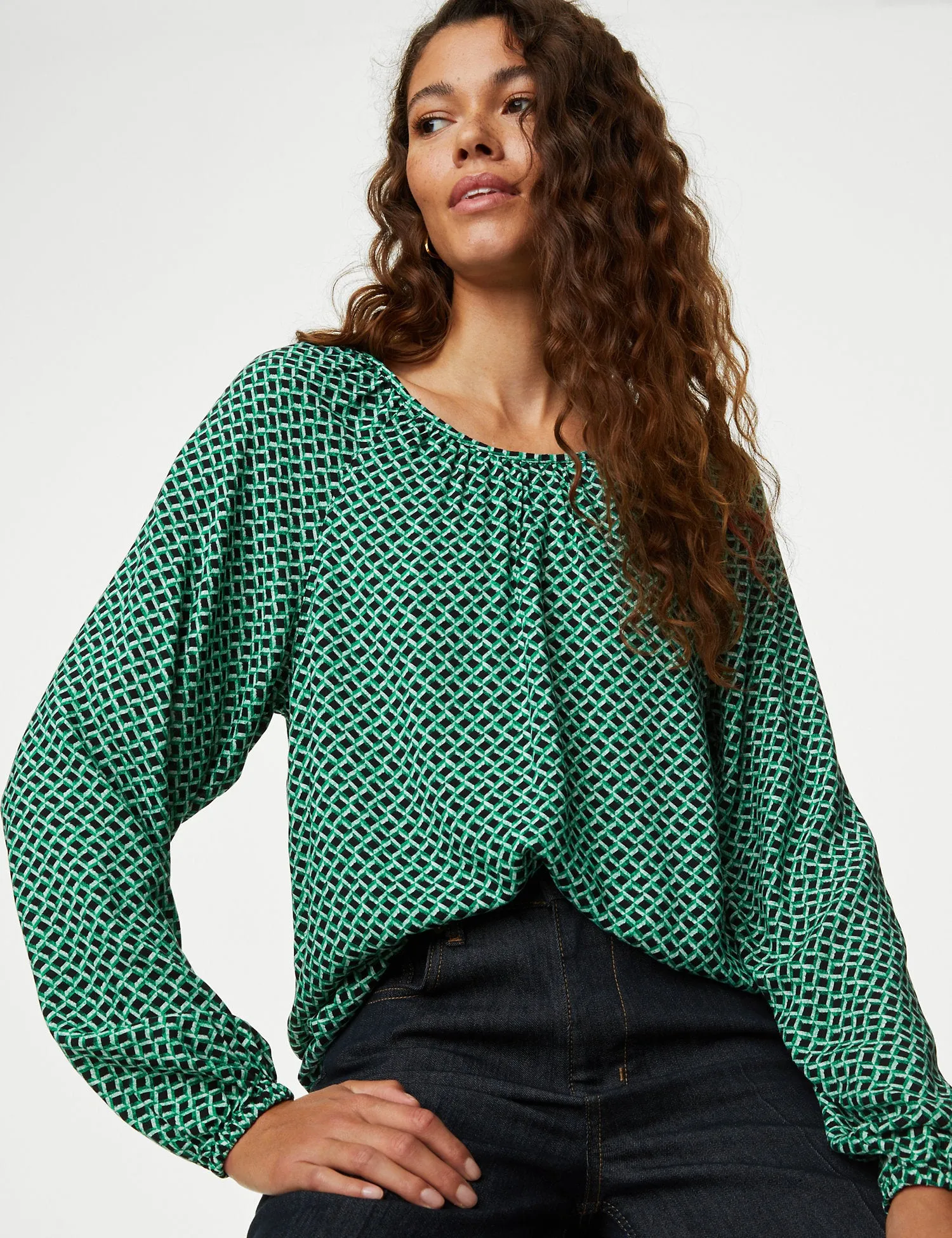 Printed Crew Neck Blouse