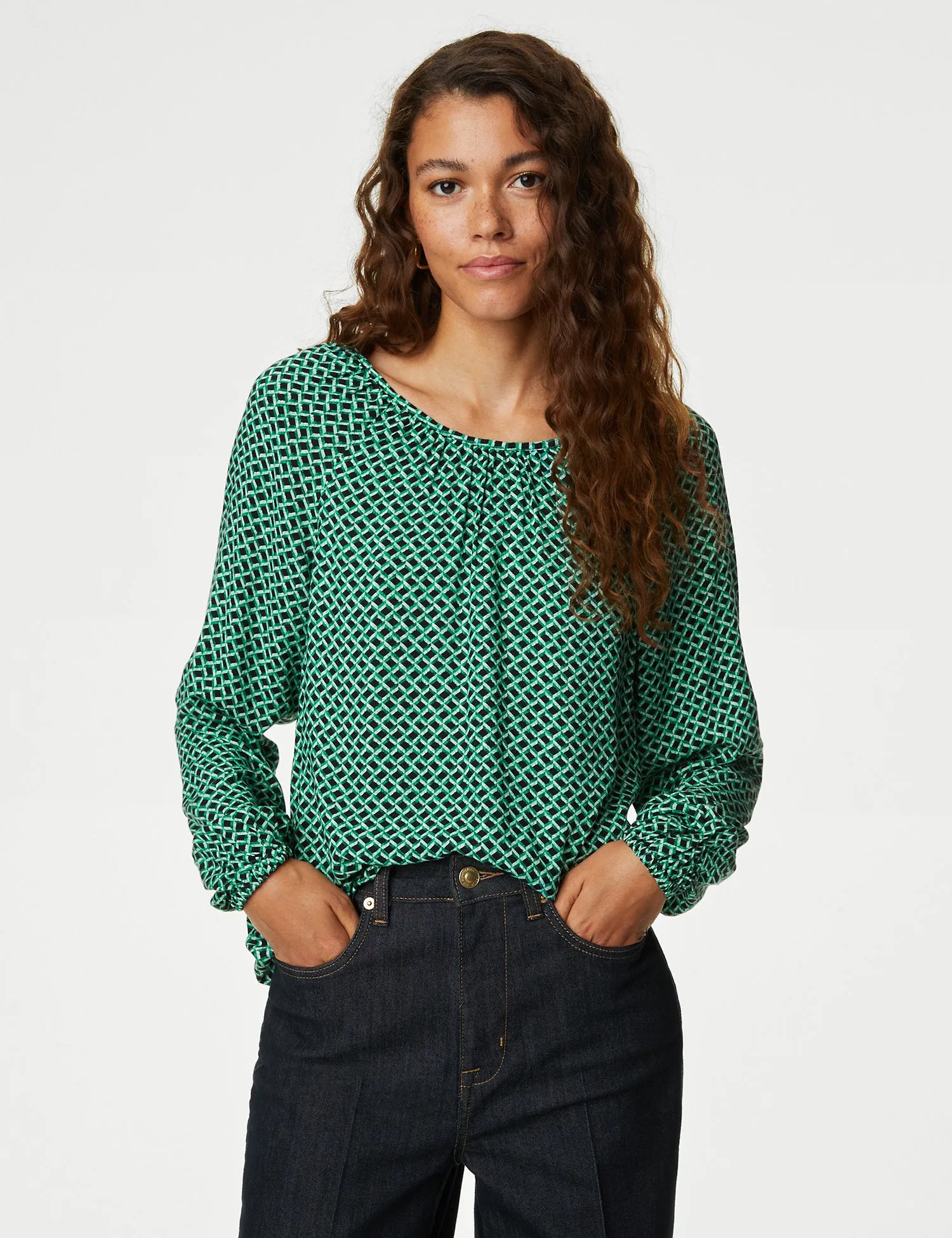 Printed Crew Neck Blouse