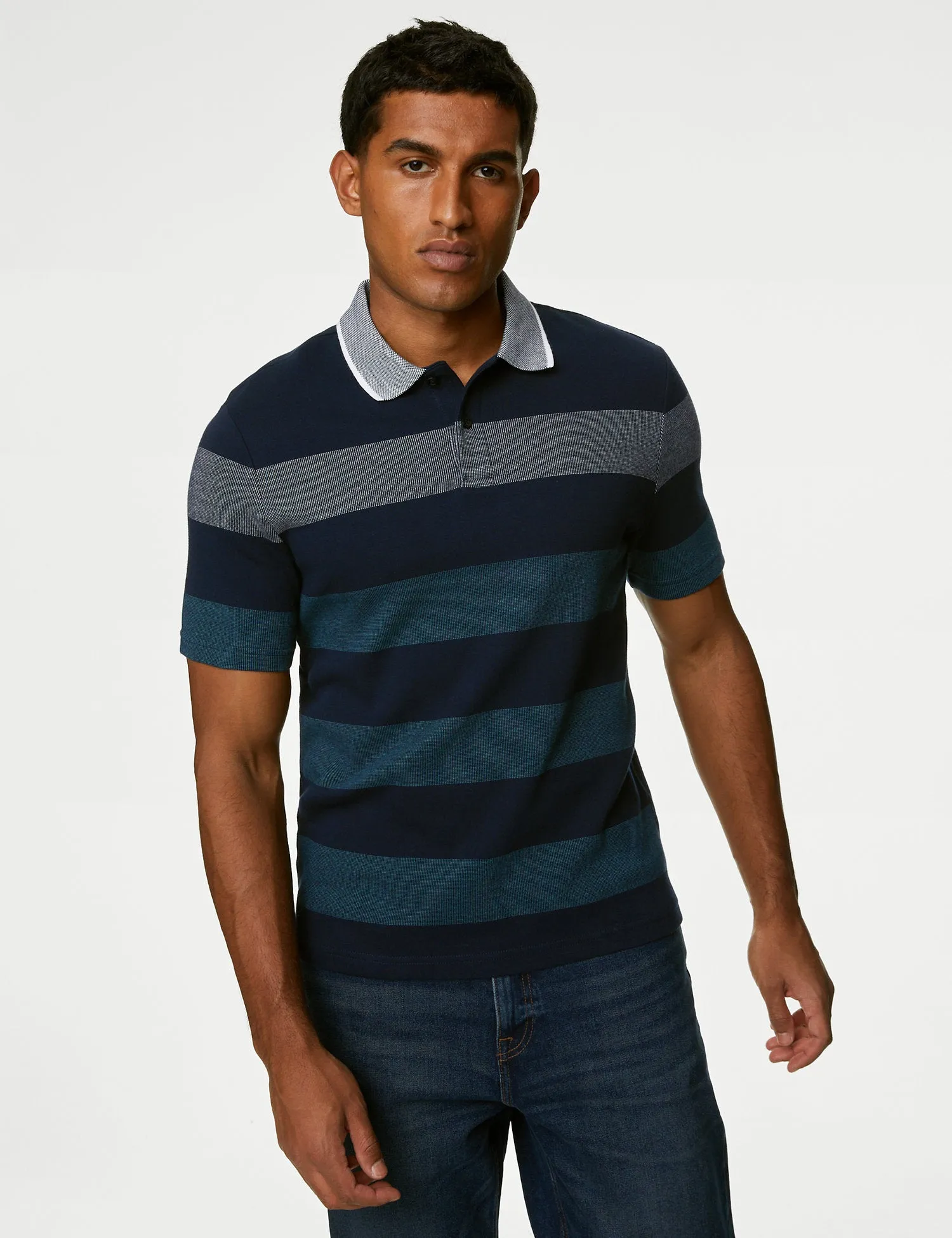 Pure Cotton Double Knit Striped Polo Shirt