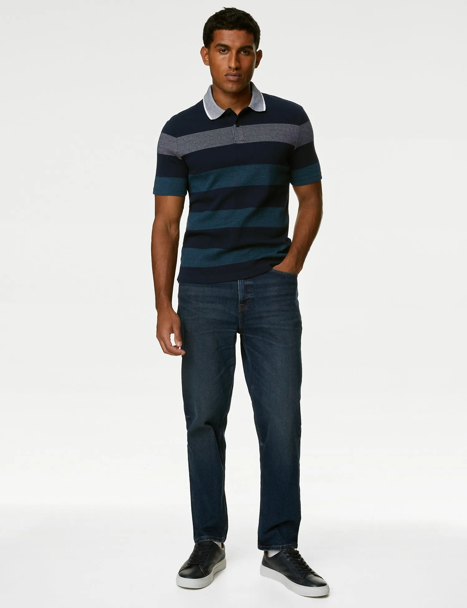 Pure Cotton Double Knit Striped Polo Shirt